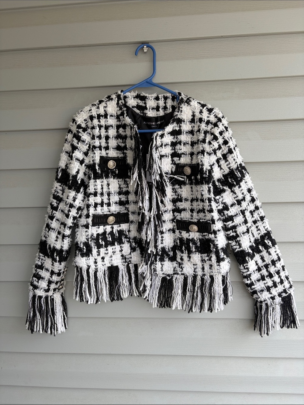 NWT Adrienne Landau Fringed Black & White Tweed Jacket - Women's
